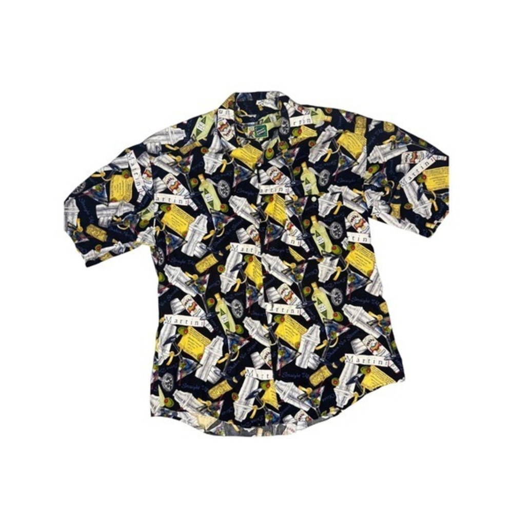 Vintage Johnny Cotton Button up Shirt Mens M Black Martini Print 90s USA Made